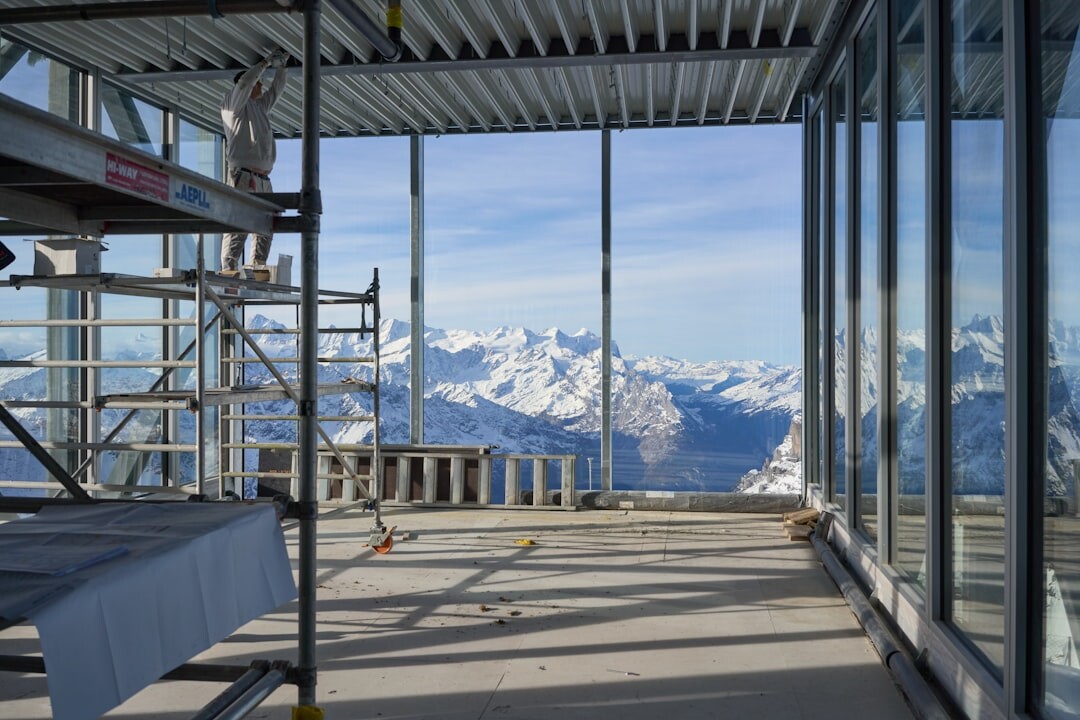 Elegant fine dining restaurant interior with mountain view in Switzerland